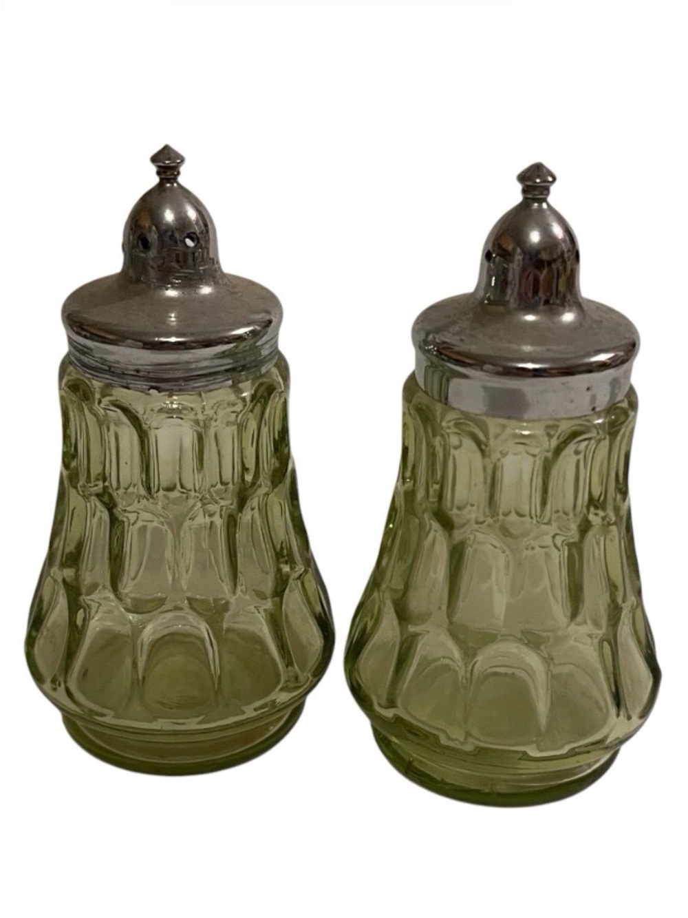Vintage Fenton Art Glass Green Thumbprint Salt & Pepper Shakers